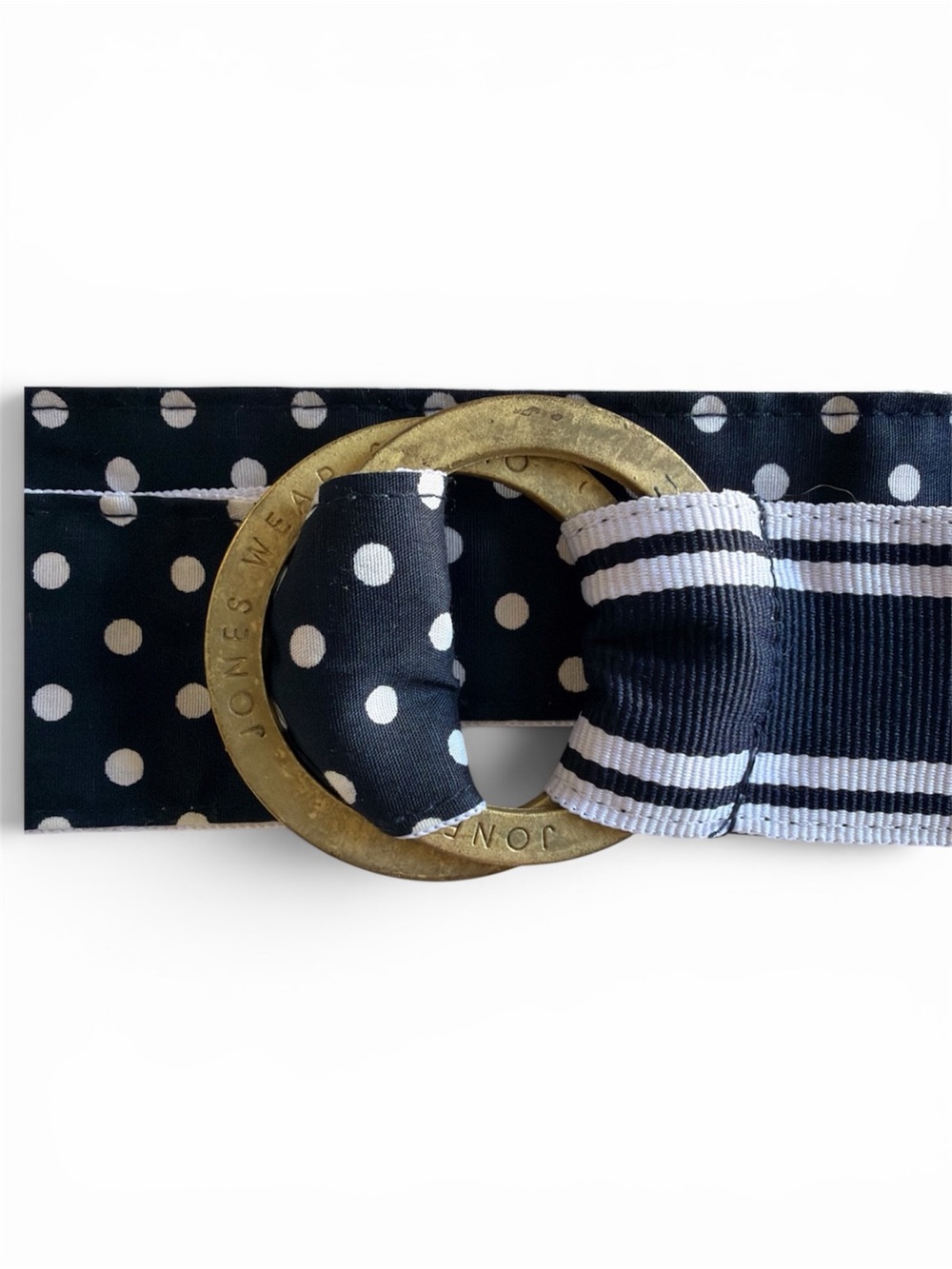 Jones Wear  Navy and White Polka Dot Belt with Brass Double Rings